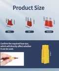 Product size comparison for Heavy-Duty Car Fuse Assortment Kit showing Micro, Mini, and Standard blades with measurements.