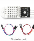 DHT22 AM2302 Digital Humidity And Temperature Sensor Module For Arduino And Raspberry Pi with wiring kit, top view.