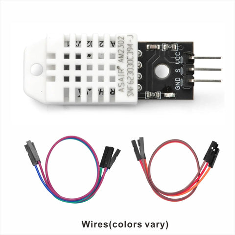 DHT22 AM2302 Digital Humidity And Temperature Sensor Module For Arduino And Raspberry Pi with wiring kit, top view.