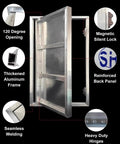 Hassle Free Concealed Tile Wall Access Panel With Magnetic Push Button Door, showcasing 120-degree opening, aluminum frame, and silent lock.