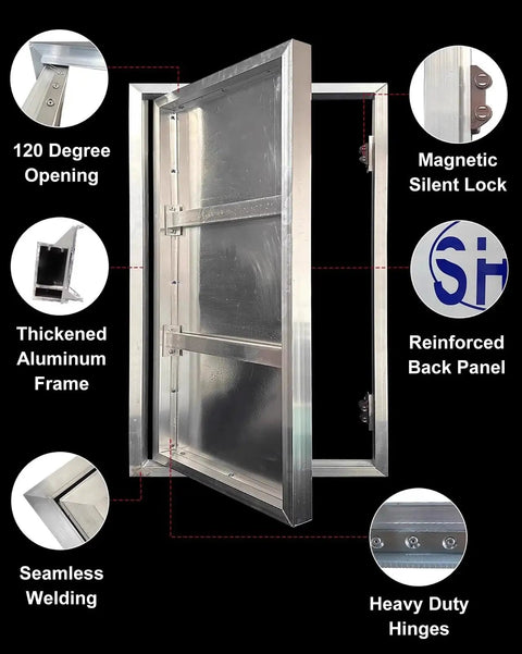 Hassle Free Concealed Tile Wall Access Panel With Magnetic Push Button Door, showcasing 120-degree opening, aluminum frame, and silent lock.