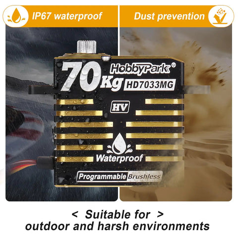 Waterproof Brushless RC Servo High Torque 70kg with metal gears and aluminum case, shown with dust prevention and IP67 waterproof label