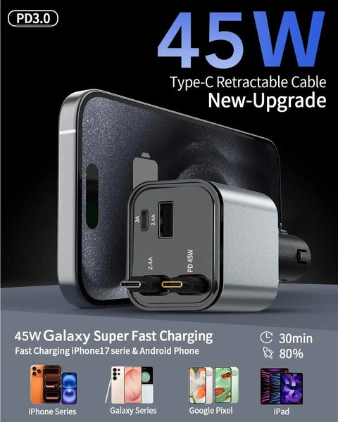 Retractable Car Charger Featuring Hella Convenient 36W Retracted Cable Plus Extra USB C And USB A Ports For Up To 75W Fast Charging Keeps Your Devices Running Smooth