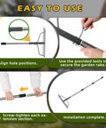 2-In-1 49 Inch Metal Garden Rake installation steps showing tool alignment, handle extension, and assembly completion.