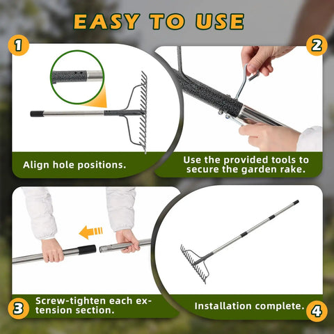 Installation steps for 2 In 1 63 Inch Metal Garden Lawn Rake With 17 Tines For Weeding Loosening Soil Raking Leaves Leveling Rocks