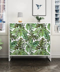 Tropical Peel And Stick Wallpaper Jungle Palm Leaf Green Vinyl Wall Covering on cabinet in modern living room setting.