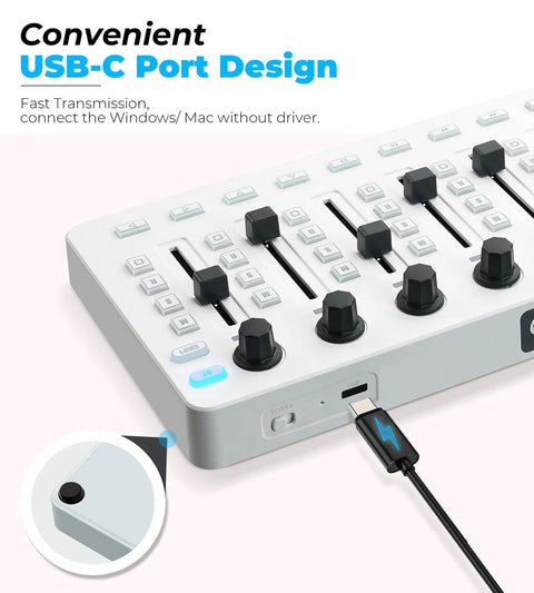 Wireless MIDI Controller Mixer With 43 Backlit Buttons And USB MIDI Keyboard, USB-C port connected to PC/Mac.