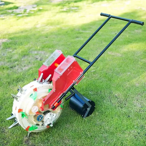 Walk Behind Seed Planter With Integrated Fertilizer Applicator Six Hole Row Crop Seeder for efficient planting on grass