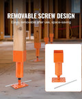 Front view of orange adjustable screw jack post with base plate under a wooden beam in basement.