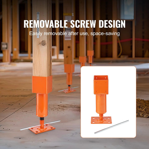 Front view of orange adjustable screw jack post with base plate under a wooden beam in basement.