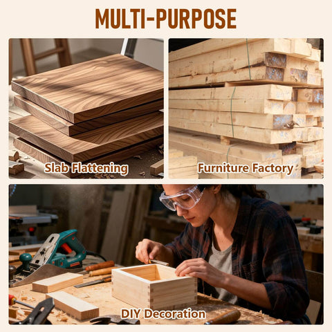 Collage showing router sled for flattening slabs 48 inch with HDPE benchtop and woodworking applications.