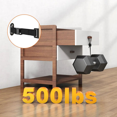 Heavy Duty Anti Tip Furniture Anchors With Tough As Nails Base And No Sweat Quick Release Wall Safety Kit Secures Bookshelves Up To 500 Pounds, showing strap with dumbbells.