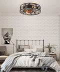 Caged Ceiling Fan With Lights 20 Inch Industrial Farmhouse in bedroom with brick wall, reversible blades, quiet flush mount