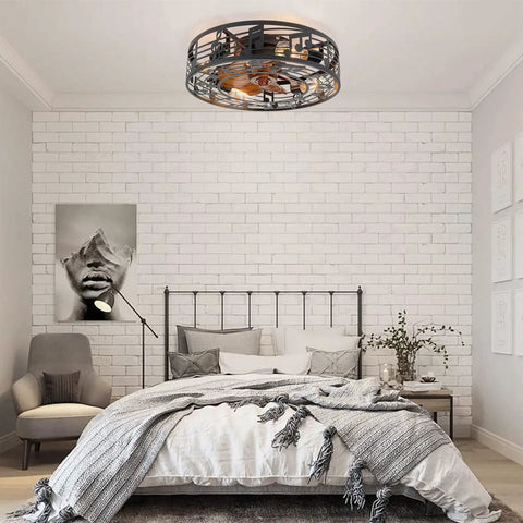 Caged Ceiling Fan With Lights 20 Inch Industrial Farmhouse in bedroom with brick wall, reversible blades, quiet flush mount