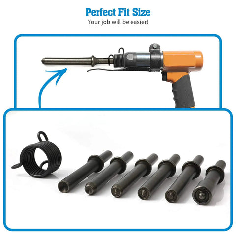 Heavy Duty Smoothing Pneumatic Air Rivet Hammer Tools Kit 7 Piece Set For Quick Riveting Rugged 40RC Steel with 6 chisels on display