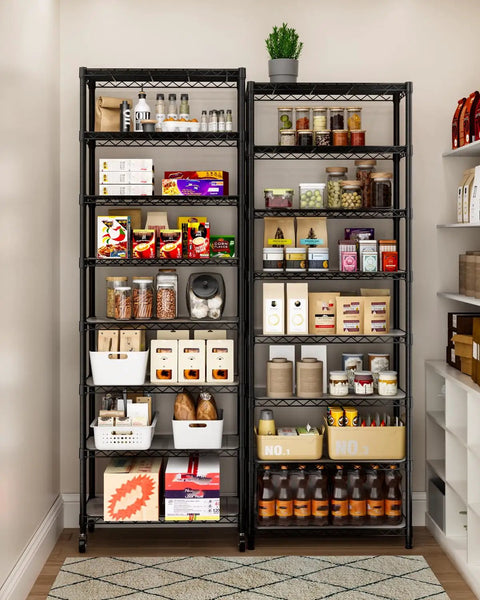 8 Tier Adjustable Metal Wire Storage Shelf Unit For Kitchen Garage And Laundry Beefy Build Sturdy Standing Rack With Rust Resistant Coating And 800lbs Total Capacity Easy Assembly Space Saving Organizer, black steel with pantry items