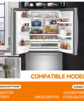 Open fridge showing interior shelves and compatible models list for Two Pack Fridge Door Springs For Vertical Frame Hinges Replacement PS6011724 And 3031611 For GFE28GYNBFS GYE18JSLGFSS GNE25JSKFFSS Baffle Door Spring Kit.