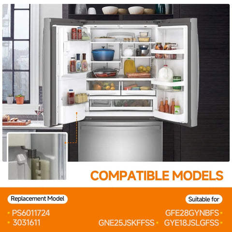 Open fridge showing interior shelves and compatible models list for Two Pack Fridge Door Springs For Vertical Frame Hinges Replacement PS6011724 And 3031611 For GFE28GYNBFS GYE18JSLGFSS GNE25JSKFFSS Baffle Door Spring Kit.