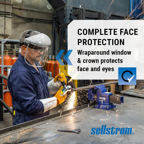 Worker using grinder with Advantage Face Shield With Crown And Ratchet Headgear Pro Grade Lightweight Protective Mask