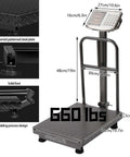 Workhorse 660Lb Platform Scale With Removable Guardrail Foldable Dual Sided Digital Display Accurate LB KG Readouts Great For Luggage Packages And Shipping Stainless Steel Portable And Easy To Store, showing scale dimensions and features