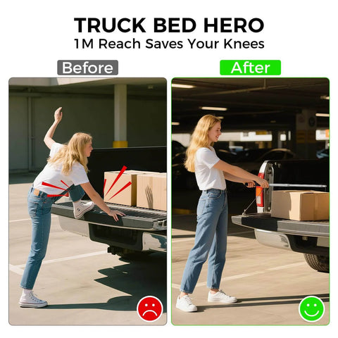 Comparison of before and after using Bed Buddy Truck Tool Adjustable 16 To 37 Inch Cargo Grabber with foldable design for easy reach.
