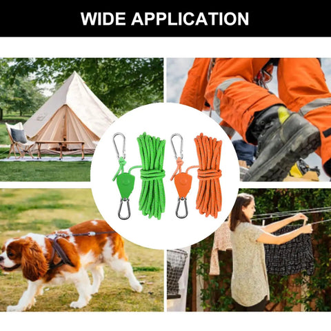 Two Pack High Strength Pulley Camping Ropes With Adjustable Windproof Ratchet Straps displayed with various outdoor use scenarios