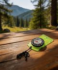 Stay On Track Hiking Compass With Acrylic Baseplate And Ruler Scale, 360 Degree Bezel And Azimuth Bearing For Accurate Orienteering, Green Edition on a wooden table in a forest setting.