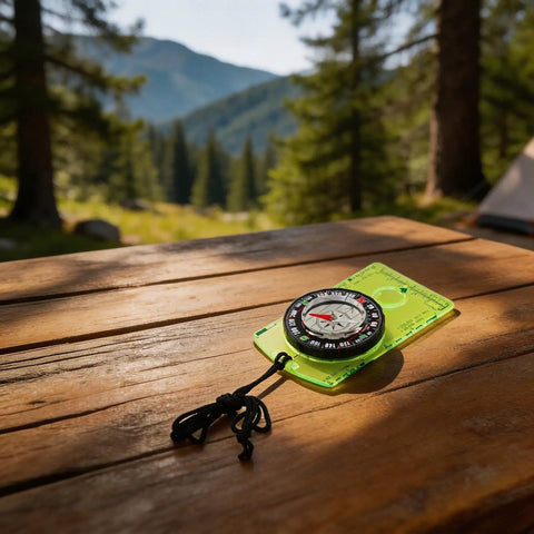 Stay On Track Hiking Compass With Acrylic Baseplate And Ruler Scale, 360 Degree Bezel And Azimuth Bearing For Accurate Orienteering, Green Edition on a wooden table in a forest setting.