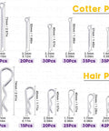 Zinc Plated Steel Cotter Pin Hair Pin R Clip Fastener Assortment Kit With Multiple Sizes For Hitch Pin Lock System Ideal For Automotive Trailer RV Farm Machinery And Garage Projects Durable Heavy Duty Corrosion Resistant Workhorse Gear displayed with size measurements