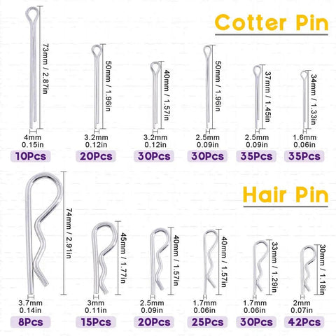 Zinc Plated Steel Cotter Pin Hair Pin R Clip Fastener Assortment Kit With Multiple Sizes For Hitch Pin Lock System Ideal For Automotive Trailer RV Farm Machinery And Garage Projects Durable Heavy Duty Corrosion Resistant Workhorse Gear displayed with size measurements