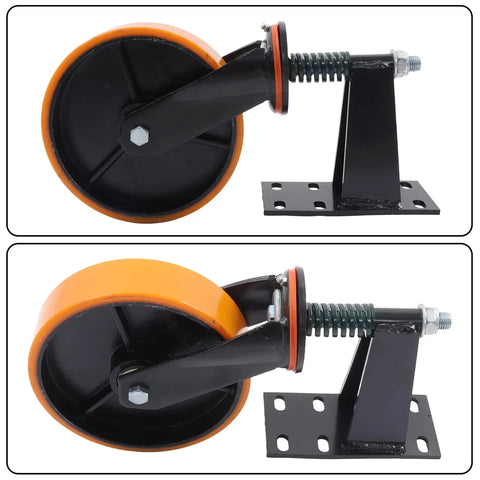 Tough As Nails 8 Inch Gate Wheels With Silky Smooth PU Casters and Heavy Duty Steel Cores, featuring a strong black frame and orange rubber wheel.