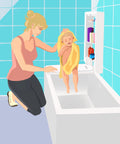 Illustration of woman bathing child on 2-In-1 Shower Bench With Storage Cabinet For Easy Pet Bathing, blue tiled bathroom, open cabinet