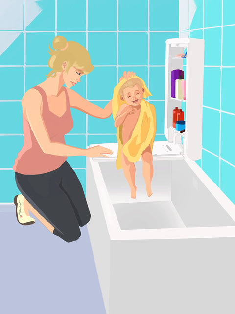 Illustration of woman bathing child on 2-In-1 Shower Bench With Storage Cabinet For Easy Pet Bathing, blue tiled bathroom, open cabinet
