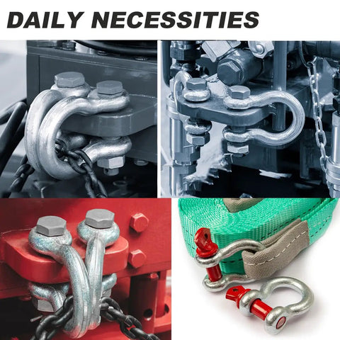 3 Pack Chain Shackles Set Heavy Duty Alloy Screw Pin Anchor Shackles With Working Load Limit Two Tons 4400 Lbs For Rigging Tow Marine Half Inch Built For Harsh Weather And Heavy Duty Rigging, shown on chains and straps