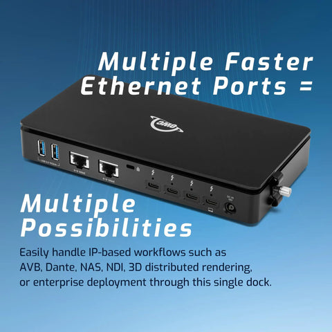 Next Level Thunderbolt 5 And Thunderbolt 4 Heavy Duty Network Dock featuring dual 10 Gigabit Ethernet ports and multiple connectors.