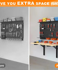 Heavy Duty Wall Mounted Folding Workbench Space Saving Collapsible Table Desk For Garage And Workshop Holds Up To 550 Lbs Board Size 32 X 18 Inches Transform Any Space Into A Working Station installed with tools on pegboard