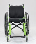 Front view green sports wheelchair with Dual Composite Scissor Wheel Lock Set For Wheelchairs, Plug And Play DIY Install