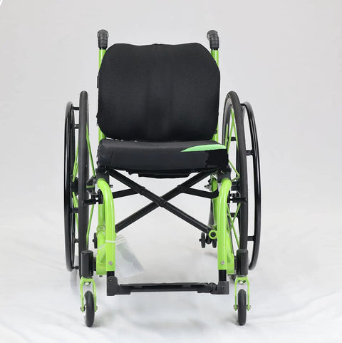 Front view green sports wheelchair with Dual Composite Scissor Wheel Lock Set For Wheelchairs, Plug And Play DIY Install