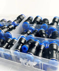 Premium 61 Piece Pneumatic Fitting Kit For Push To Connect Air Pipe Adapters In Smooth 4mm To 12mm Sizes Perfect For Hoses And Industrial Tools. assorted black push-fit pneumatic fittings in organizer box