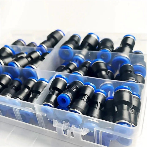 Premium 61 Piece Pneumatic Fitting Kit For Push To Connect Air Pipe Adapters In Smooth 4mm To 12mm Sizes Perfect For Hoses And Industrial Tools. assorted black push-fit pneumatic fittings in organizer box