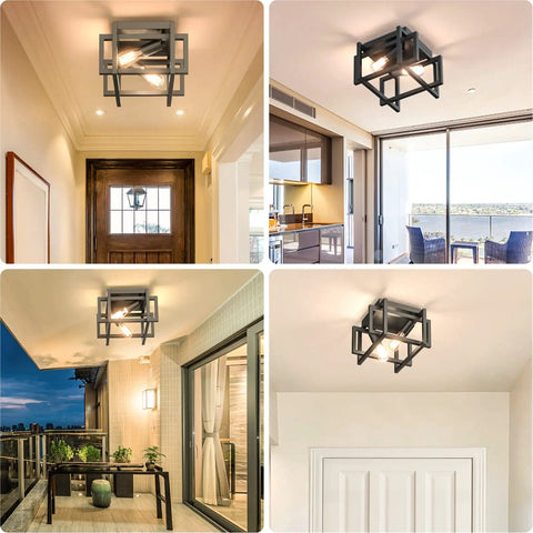 Close To Ceiling Square Black Industrial Farmhouse Light Fixture For Hallway Entryway Kitchen And Bedroom Dope Vintage Semi Flush Mount With Open Shade For Bright Dining Room Ambience in various room settings