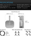 Auto Fill Upgrade Valve Kit For Self Watering Bases shown with dimensions and specifications in product diagram.
