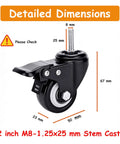 No Roll Guaranteed Dual Lock Caster Wheels 2 Inch Heavy Duty Swivel Casters Set Of 4 M8 Threaded Stem Mount detailed dimensions.