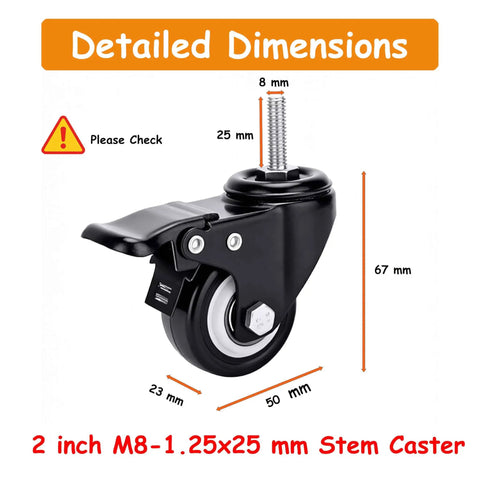 No Roll Guaranteed Dual Lock Caster Wheels 2 Inch Heavy Duty Swivel Casters Set Of 4 M8 Threaded Stem Mount detailed dimensions.