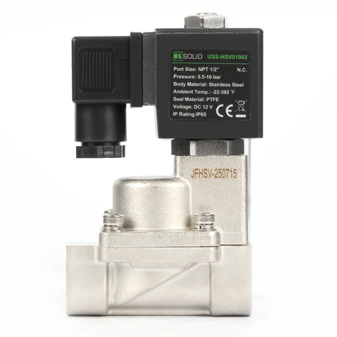 Front view of U.S. Solid 1/2-in stainless steel high-temperature solenoid valve with DC 12V coil