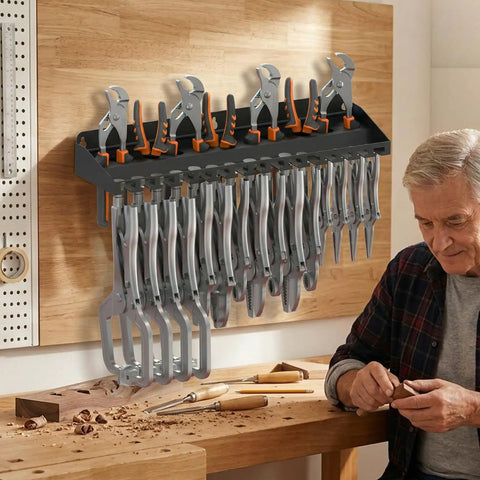 Heavy Duty Metal Plier Organizer And Wall Mount Tool Rack for garage with pliers and tools, easy install on workbench wall.