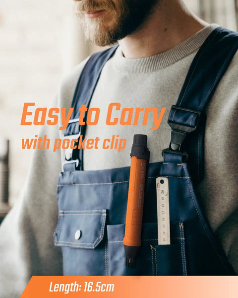 Person wearing Portable Gas Leak Detector With Quick Audible And Visual Alarm Sniffs for Natural Gas Methane Propane Butane LPG.
