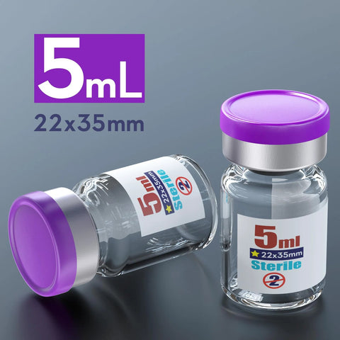 Two 5ml sterile empty glass vials with purple flip-off aluminum caps, 22×35mm size, labeled Sterile.