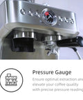 Kickstart Mornings With This Sleek Stainless Steel Espresso Machine Featuring A Built In Grinder 20 Bar Pressure Pump showing pressure gauge and buttons.