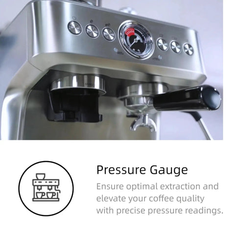 Kickstart Mornings With This Sleek Stainless Steel Espresso Machine Featuring A Built In Grinder 20 Bar Pressure Pump showing pressure gauge and buttons.